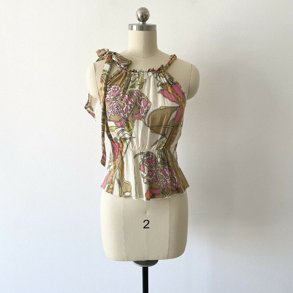 Trina Turk Floral Print Halter Tie Silk Top Size S